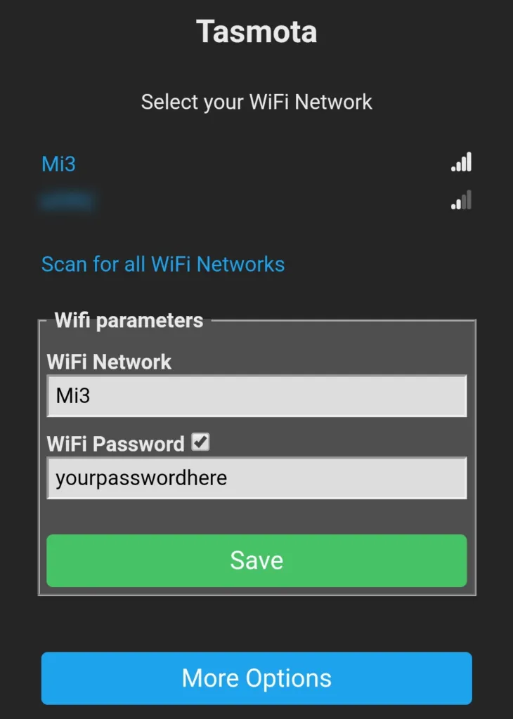 Example of Tasmota hotspot portal for setting up wifi