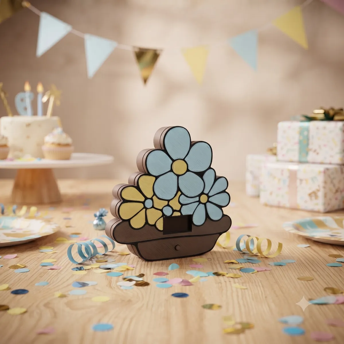 The Wishly WensBloem, a flower-shaped gift with a small screen and a button, on a festive table